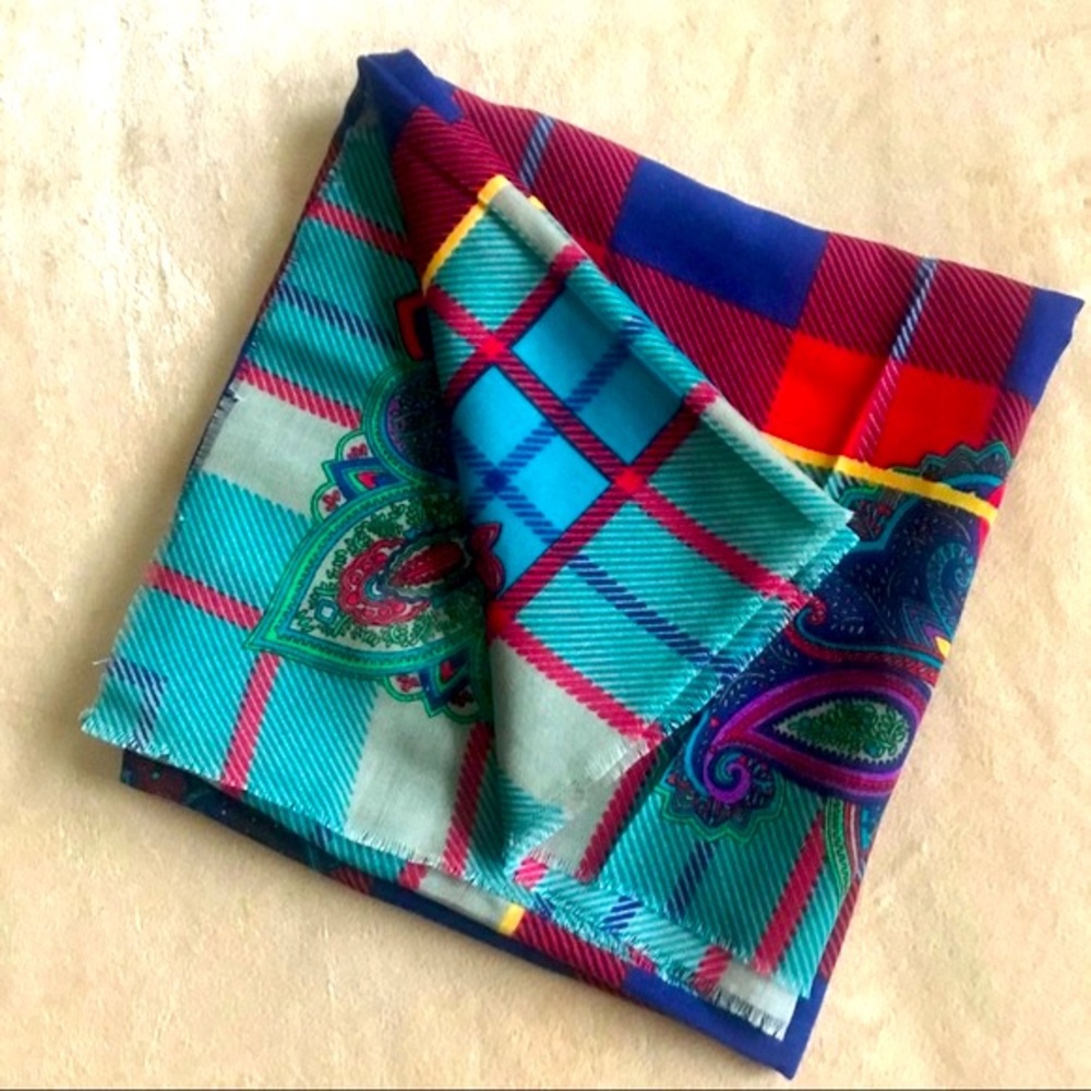 Paisley and Plaid Colorful Vintage Scarf New with Tags Square Wrap